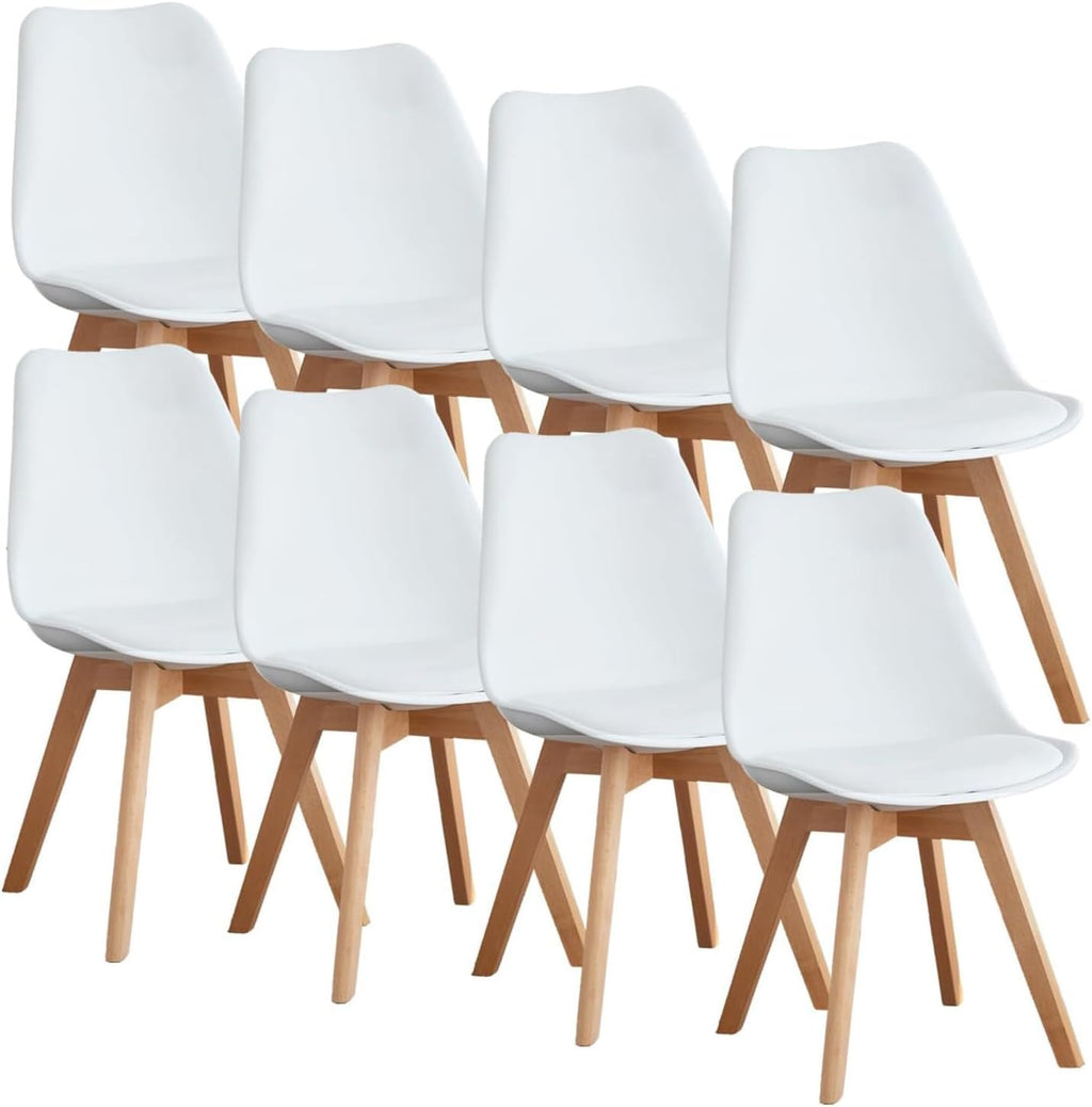 Modern Dining Chairs Set of 4, PU Leather Upholstered Kitchen Chairs with Wood Legs, Mid Century Accent Chairs for Living Room, Bedroom, Outdoor Lounge, White
