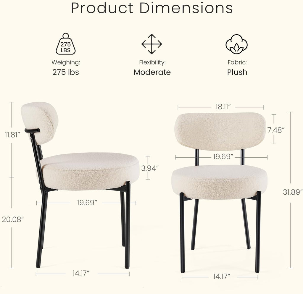 Dining Chairs Set of 2, Mid Century Modern Chair Round Upholstered Curved Backrest, Kitchen Vanity Living Room Chairs with Black Metal Legs??Ivory White