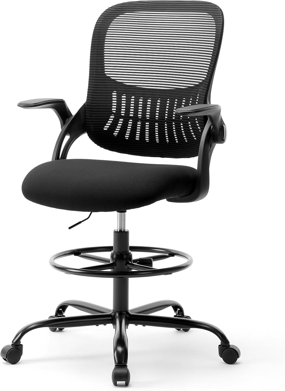 Drafting Chair - Counter Height Adjustable Tall Office Desk Chair with Fixed Armrests and Comfortable Lumbar Support for Standing Desk, Deep Black