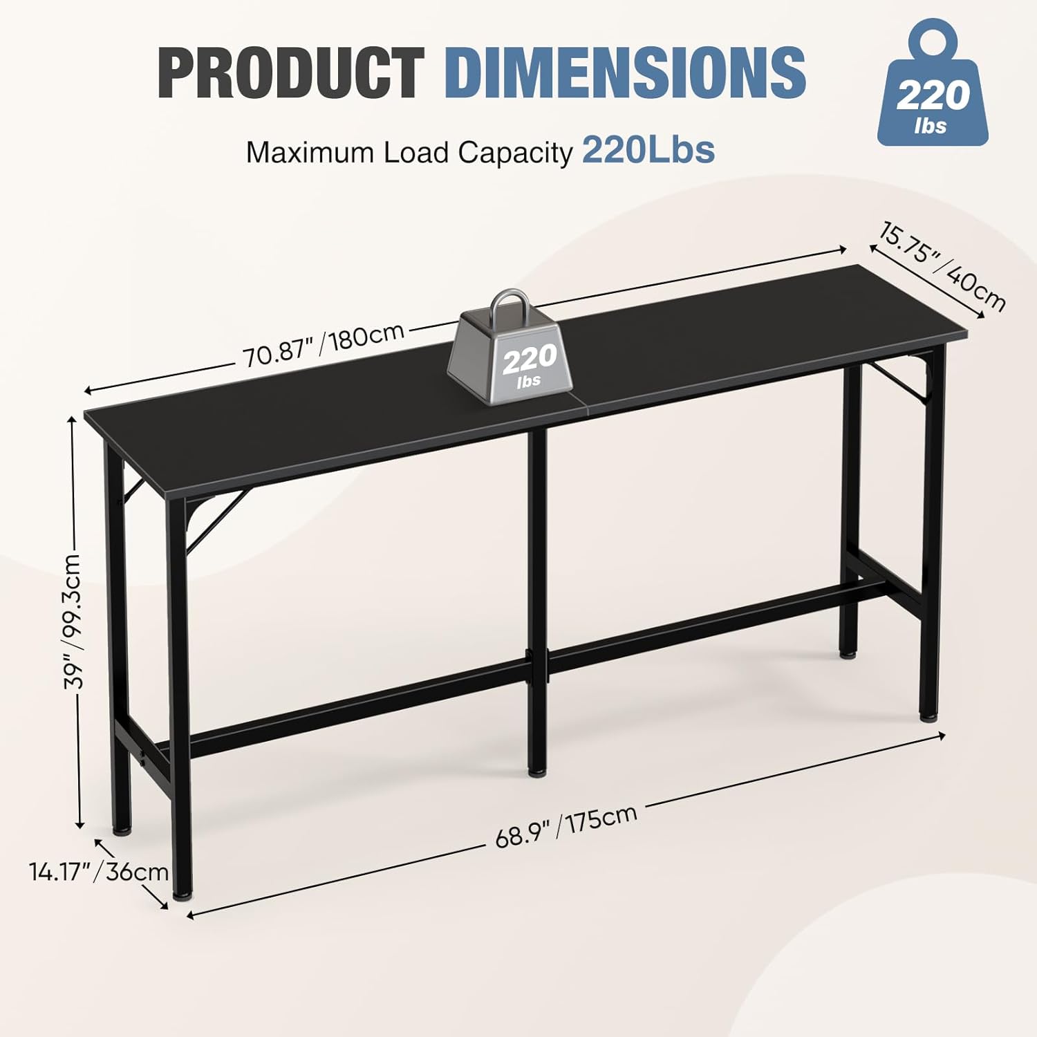 71 inch Bar Table, Counter Bar Height Pub Table, Rectangular High Top Coffee Table, Narrow Long Kitchen & Dining Tables with Triangular Reinforced Structures and Centre Column Support, Black