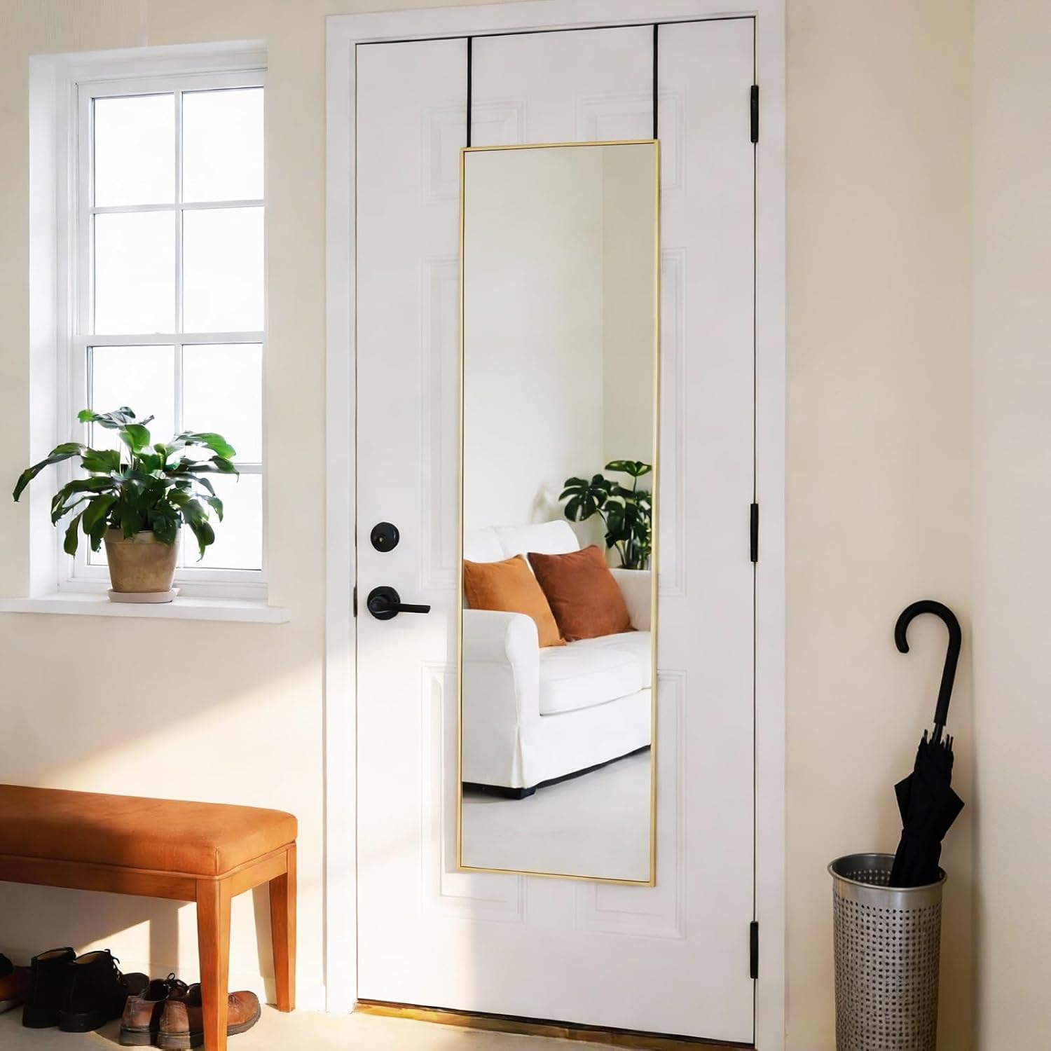 47x14 Full Length Mirror Over The Door, Wall Mounted Full Body Mirror, Door Hanging Metal Aluminum Alloy Frame Dressing Mirror for Bedroom, Living Room, Entryway, Gold