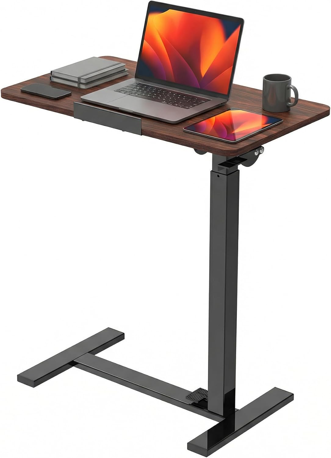 Mobile Standing Desk, Height-Adjustable Computer Cart with Pneumatic Lift, Portable Computer Workstation Cart for Bed, Couch, Office, Sofa, Brown