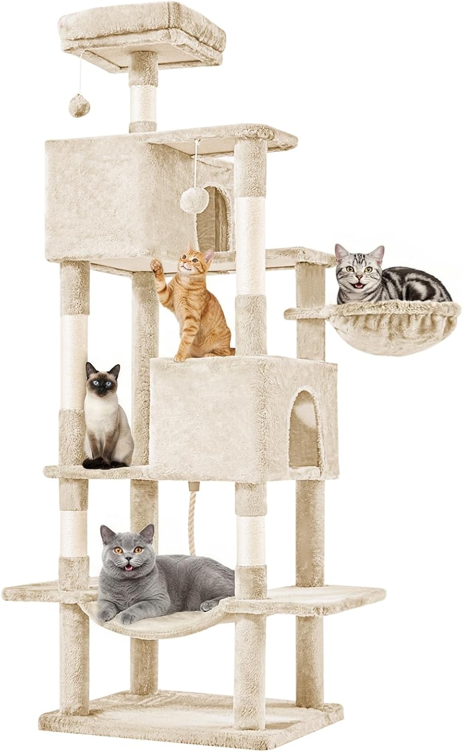 54-inch Indoor Cat Tree Tower ?CMulti-Level Pet House for Large Cats with 2 Condos, Scratching Posts, Round Platform, Small Ladder, and Toys, Beige