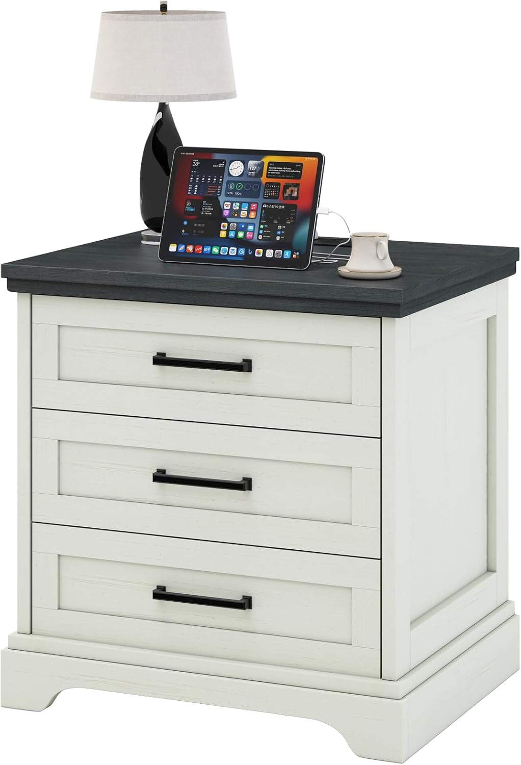 Nightstand with Charging Station, Wood Farmhouse Bedside Table with 2 Drawers and Open Shelf, Wood End Table, Modern Side Table for Bedroom, Black