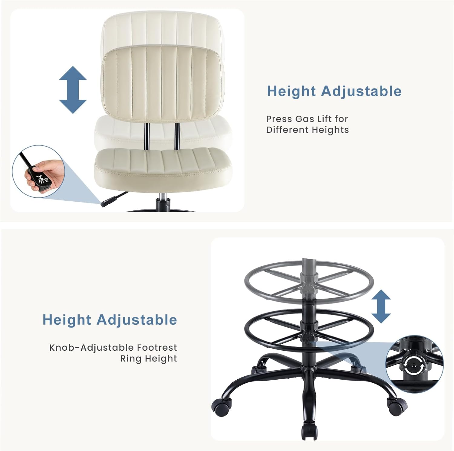 Armless Drafting Chair, Low Back Office Seat with Adjustable Footrest Ring for Standing Desk, Ergonomic PU Leather Office Seating, Swivel Rolling High Stool for Studio, Lab, Counter, Beige