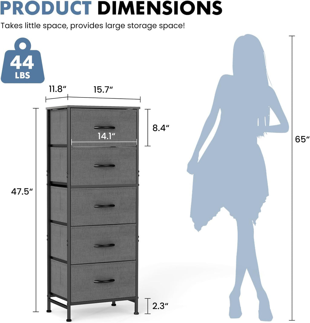 TV Stand Dresser with 5 Fabric Storage Drawers, Media Console Featuring Open Shelf for 45 inch TV, Compact Entertainment Unit for Bedroom, Living Space, or Dorm Organization, Light Grey