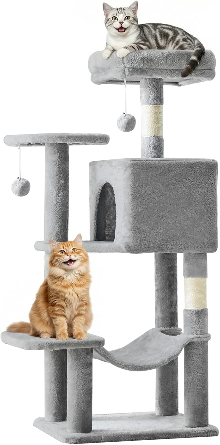 54-inch Indoor Cat Tree Tower ?CMulti-Level Pet House for Large Cats with 2 Condos, Scratching Posts, Round Platform, Small Ladder, and Toys, Beige
