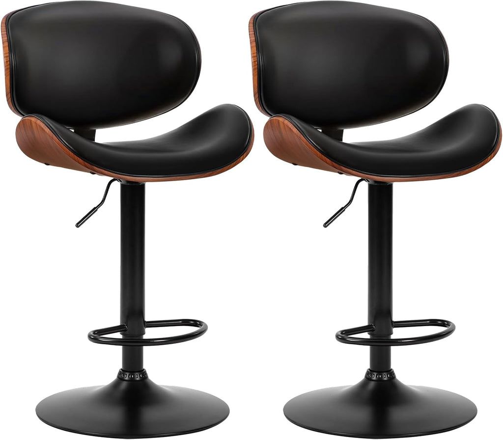 Swivel Bar Stools Set of 2, Adjustable Counter Height Bentwood BarStools, PU Leather Upholstery Bar Chair with Ergonomic Back and Footrest, Counter Stools for Bar, Home Kitchen Island, Brown