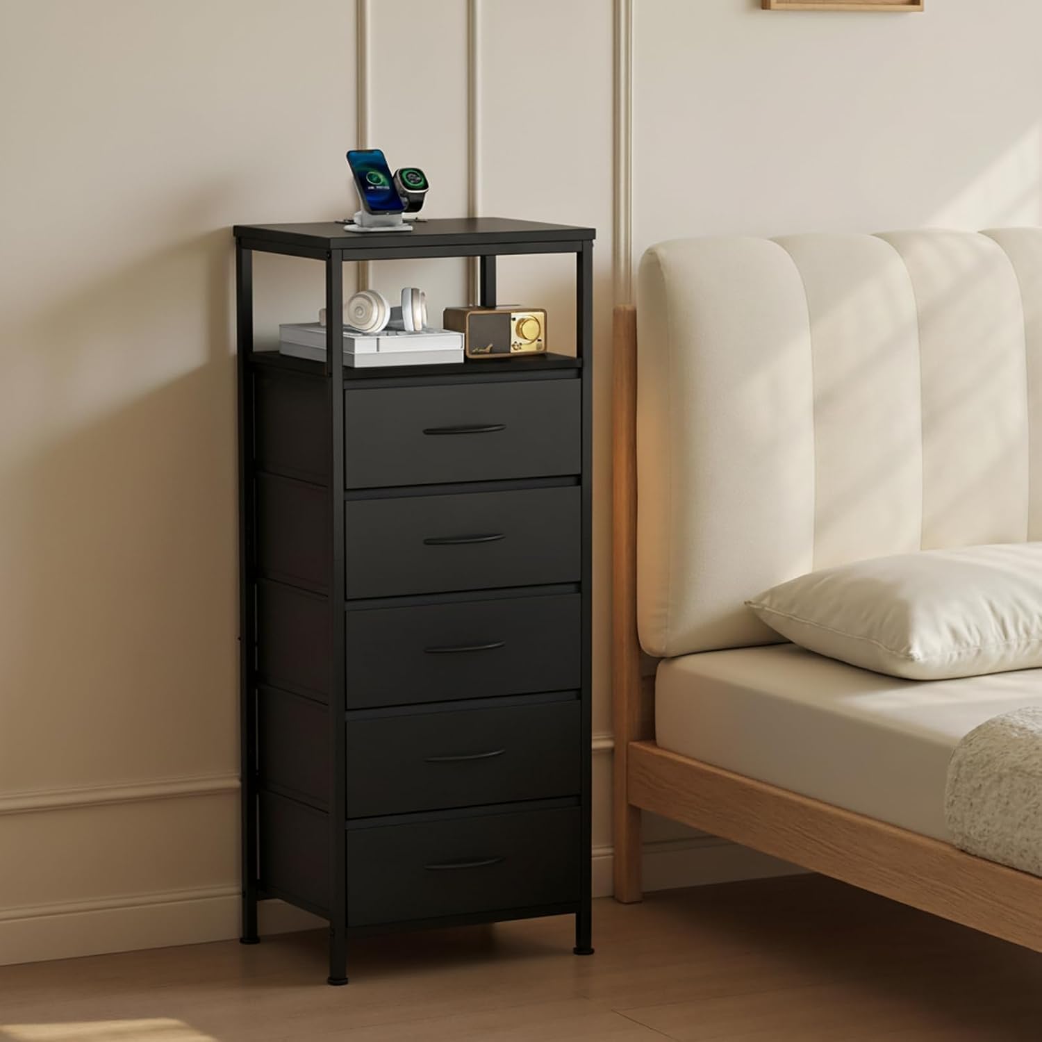 Nightstands Set of 2 with Charging Station, Bedside Table with USB Ports & Type-C, 2 Fabric Drawers Night Stand with Open Shelf, Compact End Table for Bedroom, Rustic Brown