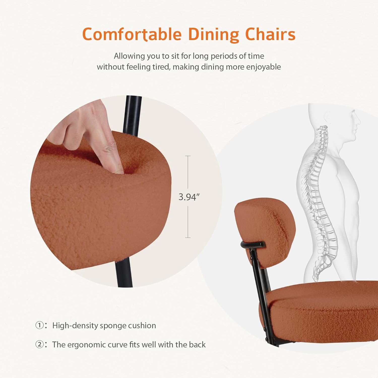 Dining Chairs Set of 6, Mid Century Modern Chair Round Upholstered Curved Backrest, Kitchen Vanity Living Room Chairs with Black Metal Legs, Orange