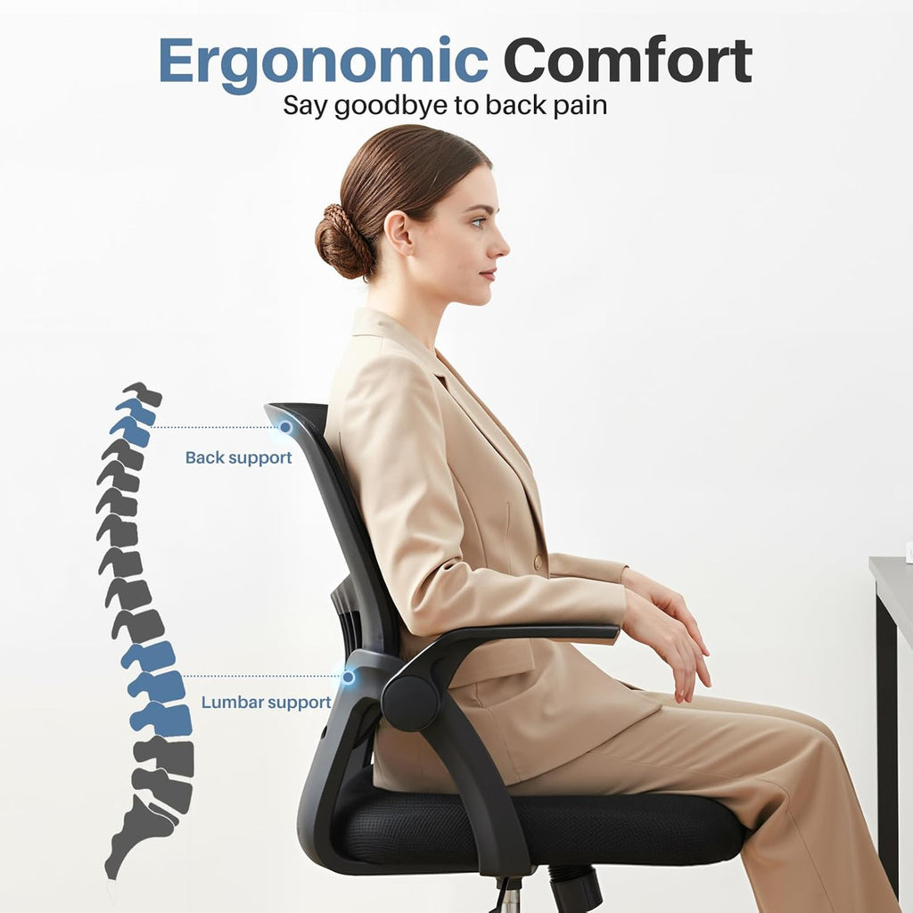 Home Office Desk Chair - Ergonomic Computer Mesh Chair with Lumbar Support & Rocking Mode, Height Adjustable, Flip-up Armrest, for Conference, Meeting Room, 360?? Swivel, Adults, Black