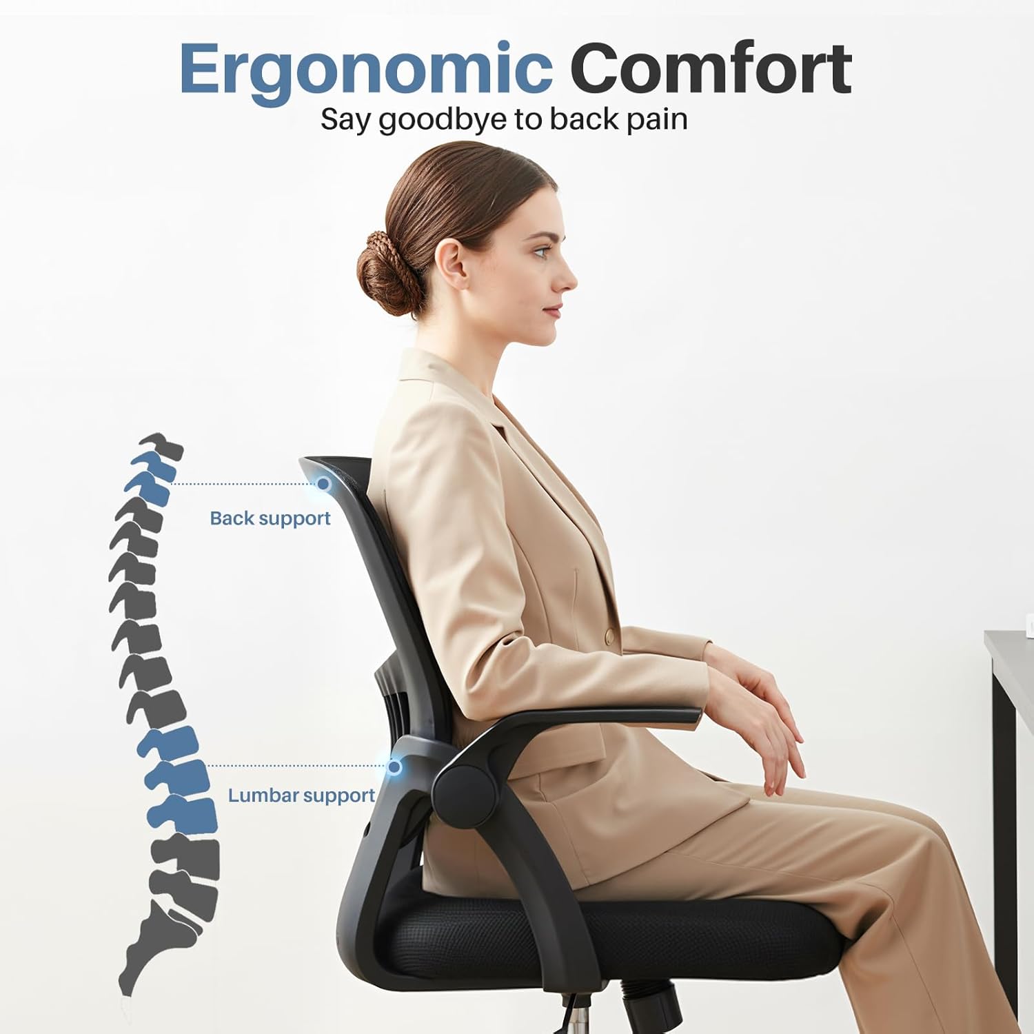 Home Office Desk Chair - Ergonomic Computer Mesh Chair with Lumbar Support & Rocking Mode, Height Adjustable, Flip-up Armrest, for Conference, Meeting Room, 360?? Swivel, Adults, Black