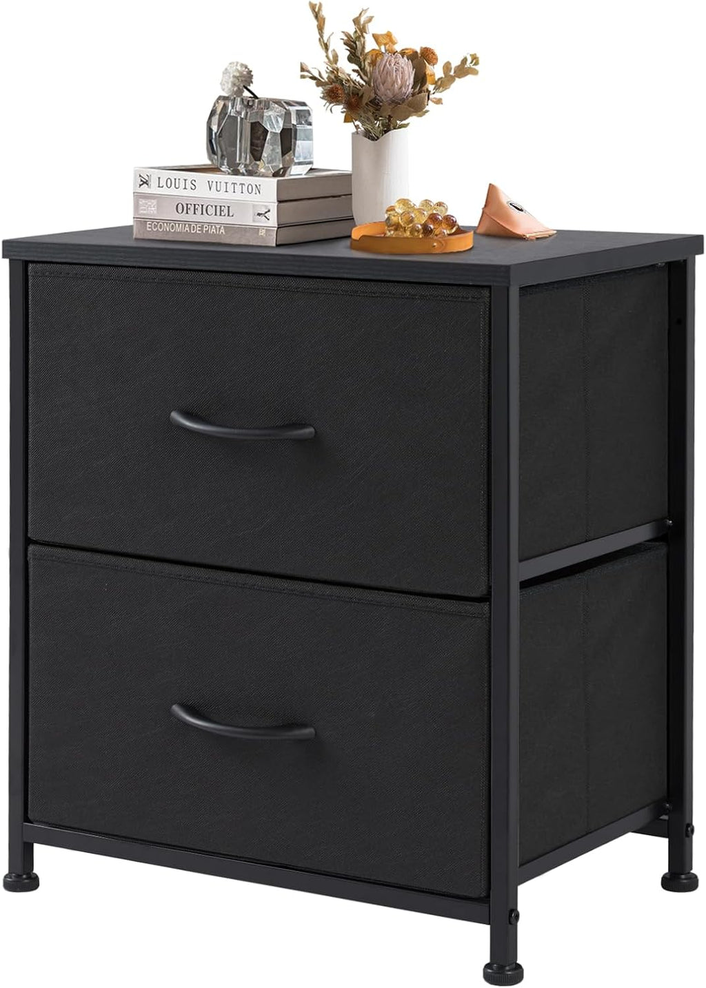 Nightstand Set of 2, Small Dresser with 2 Fabric Drawers Side Bedroom End Table Kids Bedside Storage Furniture for 25 inch Tall Night Stand for Closet, Entryway, College Dorm, Classic Black
