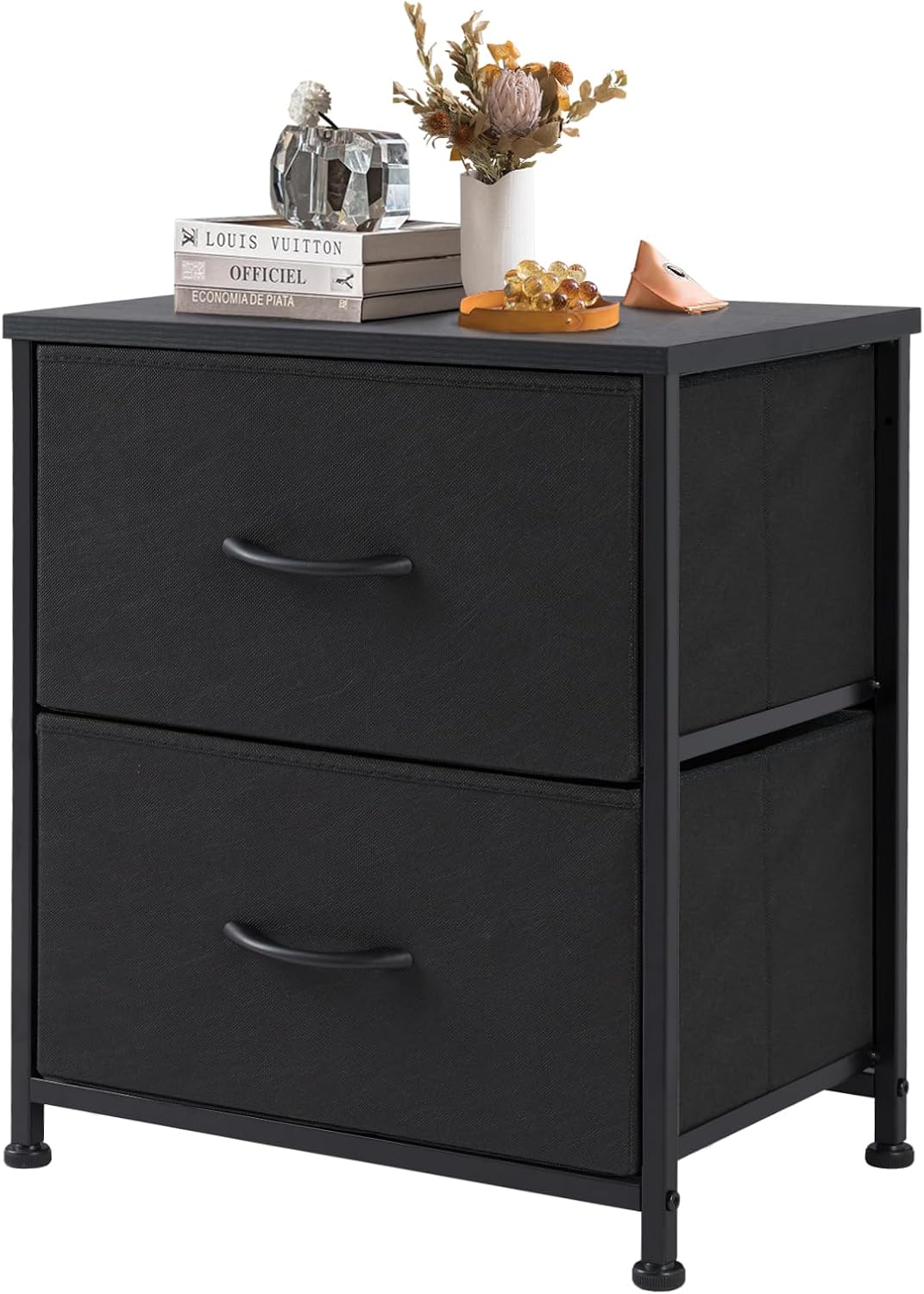 Nightstand Set of 2, Small Dresser with 2 Fabric Drawers Side Bedroom End Table Kids Bedside Storage Furniture for 25 inch Tall Night Stand for Closet, Entryway, College Dorm, Classic Black