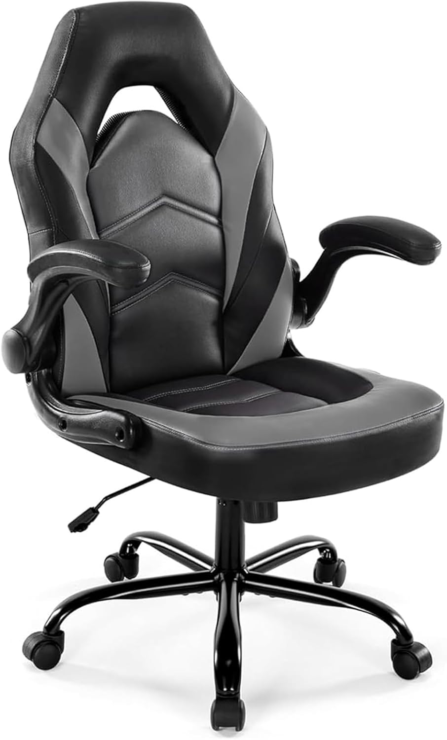 Ergonomic Computer Gaming Chair with Flip-up Armrest, Height Adjustable PU Leather Home Office Desk Chair with Lumbar Support Swivel Wheels and for Adults and Kids, Black and Gray