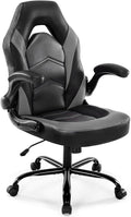 Ergonomic Computer Gaming Chair with Flip-up Armrest, Height Adjustable PU Leather Home Office Desk Chair with Lumbar Support Swivel Wheels and for Adults and Kids, Black and Gray