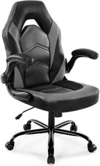 Ergonomic Computer Gaming Chair with Flip-up Armrest, Height Adjustable PU Leather Home Office Desk Chair with Lumbar Support Swivel Wheels and for Adults and Kids, Black and Gray