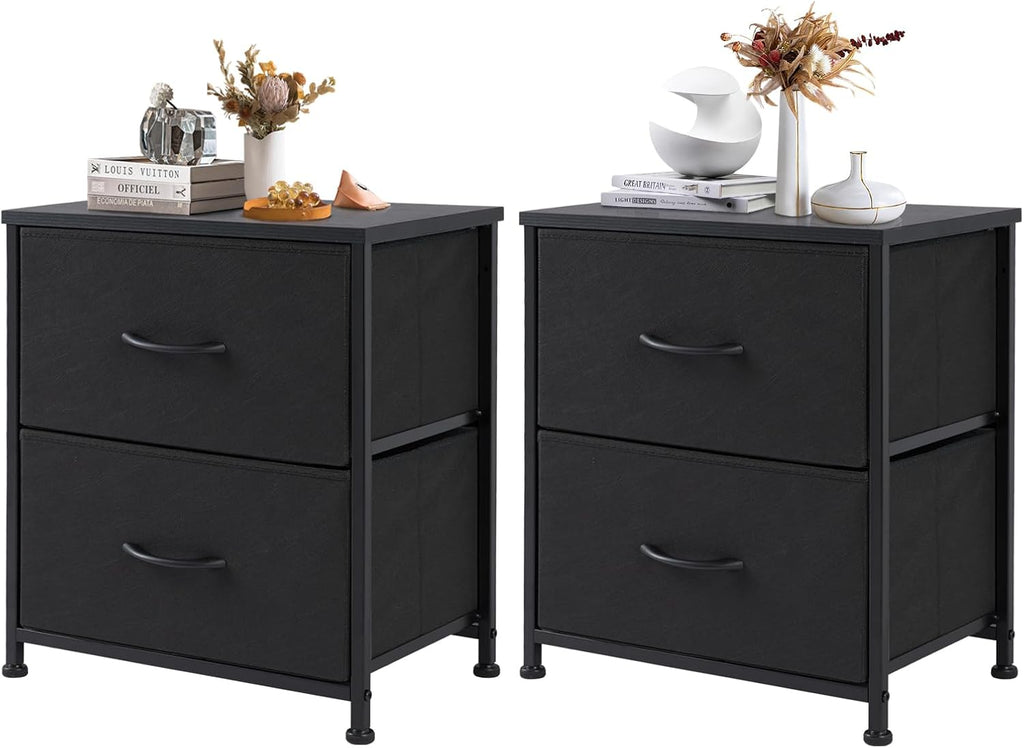 Nightstand Set of 2, Small Dresser with 2 Fabric Drawers Side Bedroom End Table Kids Bedside Storage Furniture for 25 inch Tall Night Stand for Closet, Entryway, College Dorm, Classic Black