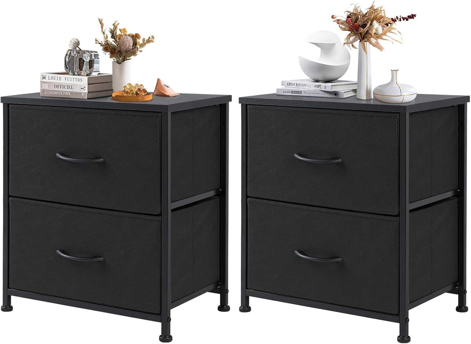 Nightstand Set of 2, Small Dresser with 2 Fabric Drawers Side Bedroom End Table Kids Bedside Storage Furniture for 25 inch Tall Night Stand for Closet, Entryway, College Dorm, Classic Black