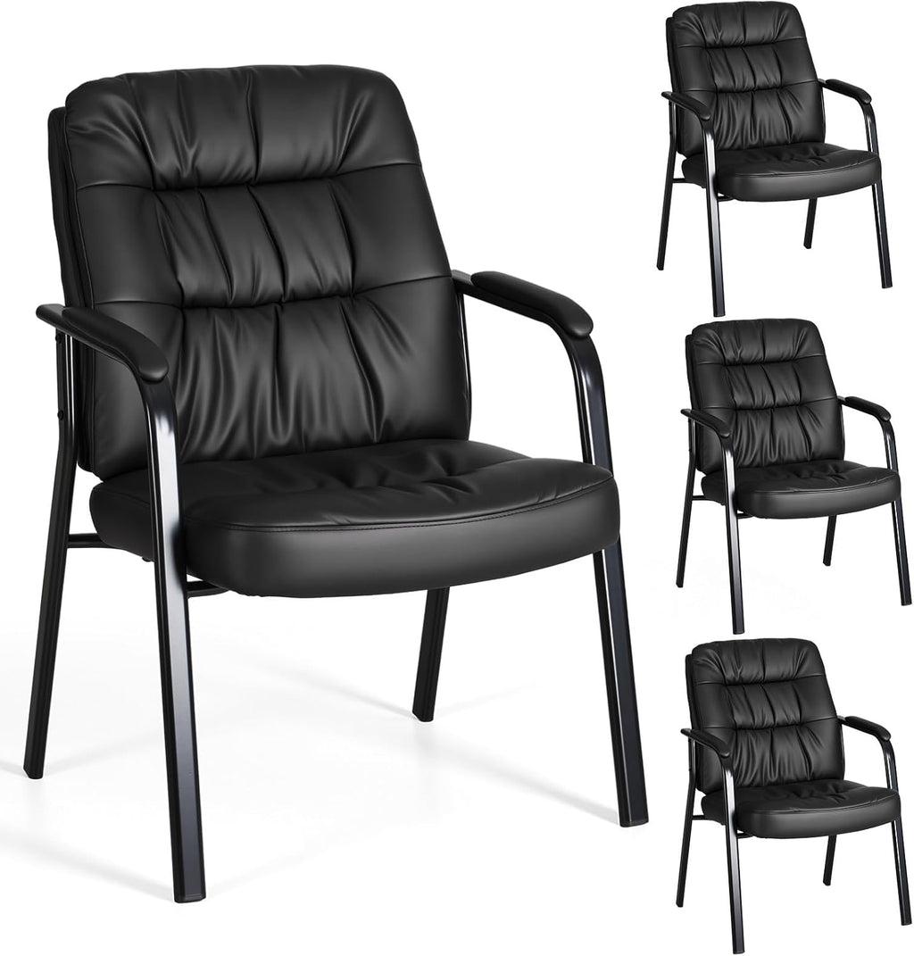 Waiting Room Guest Chair Set of 6, Leather Ergonomic Office Desk Reception Chair No Wheels with Padded Armrest for Conference Lobby Medical Waiting Area Bedroom, Black