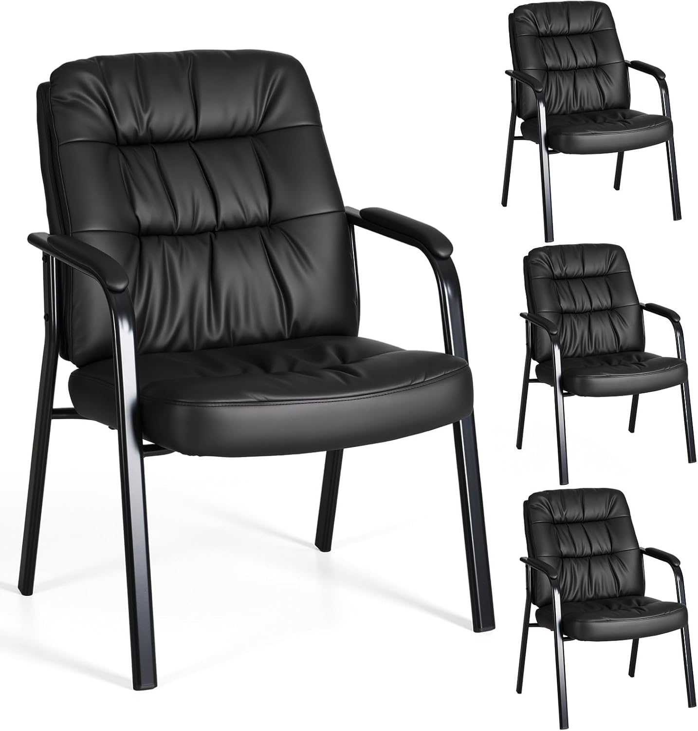 Waiting Room Guest Chair Set of 6, Leather Ergonomic Office Desk Reception Chair No Wheels with Padded Armrest for Conference Lobby Medical Waiting Area Bedroom, Black