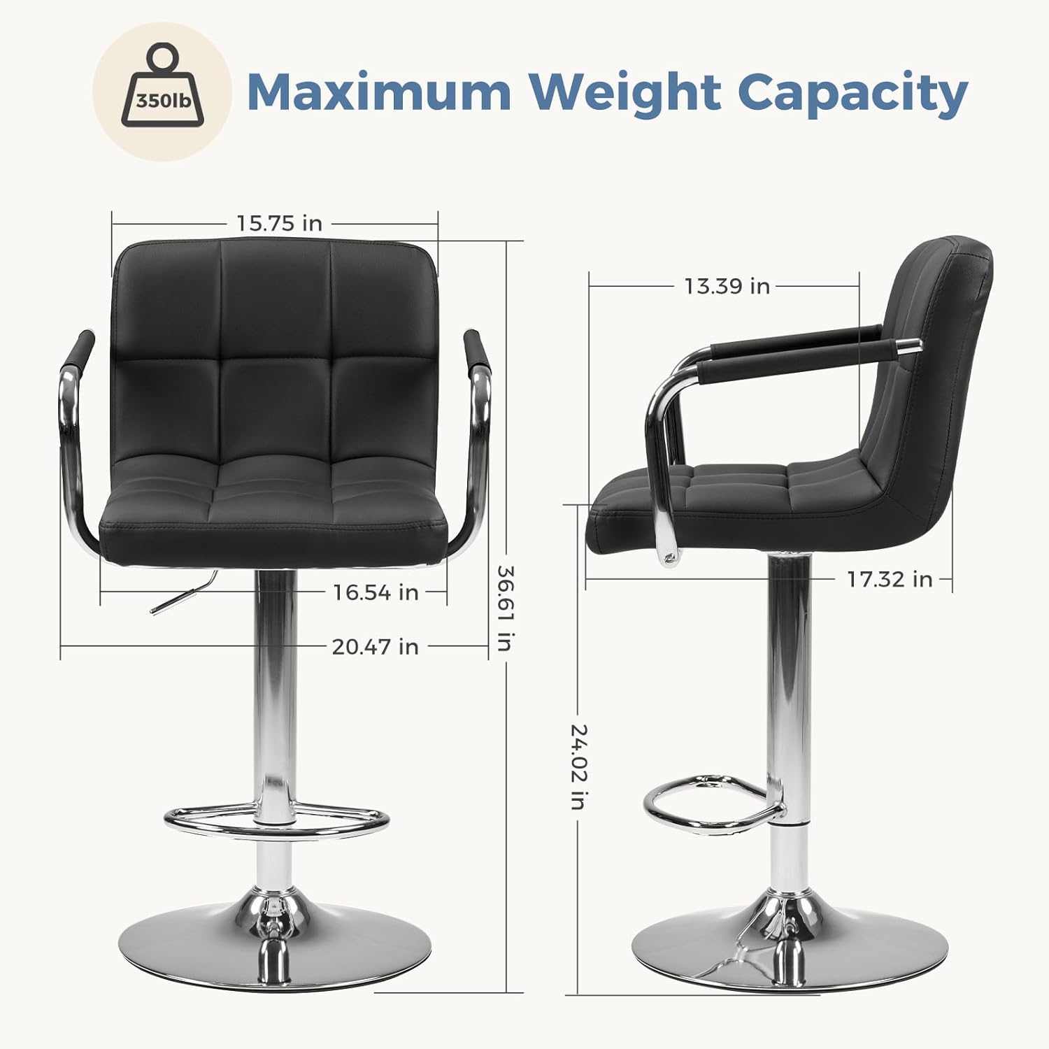 Bar Stools Set of 4, Adjustable Swivel Bar Chairs with Padded Armrests and Ergonomic Backrest for Kitchen Island Counter Pub Dining Room, Water-Resistant PU Leather, Black