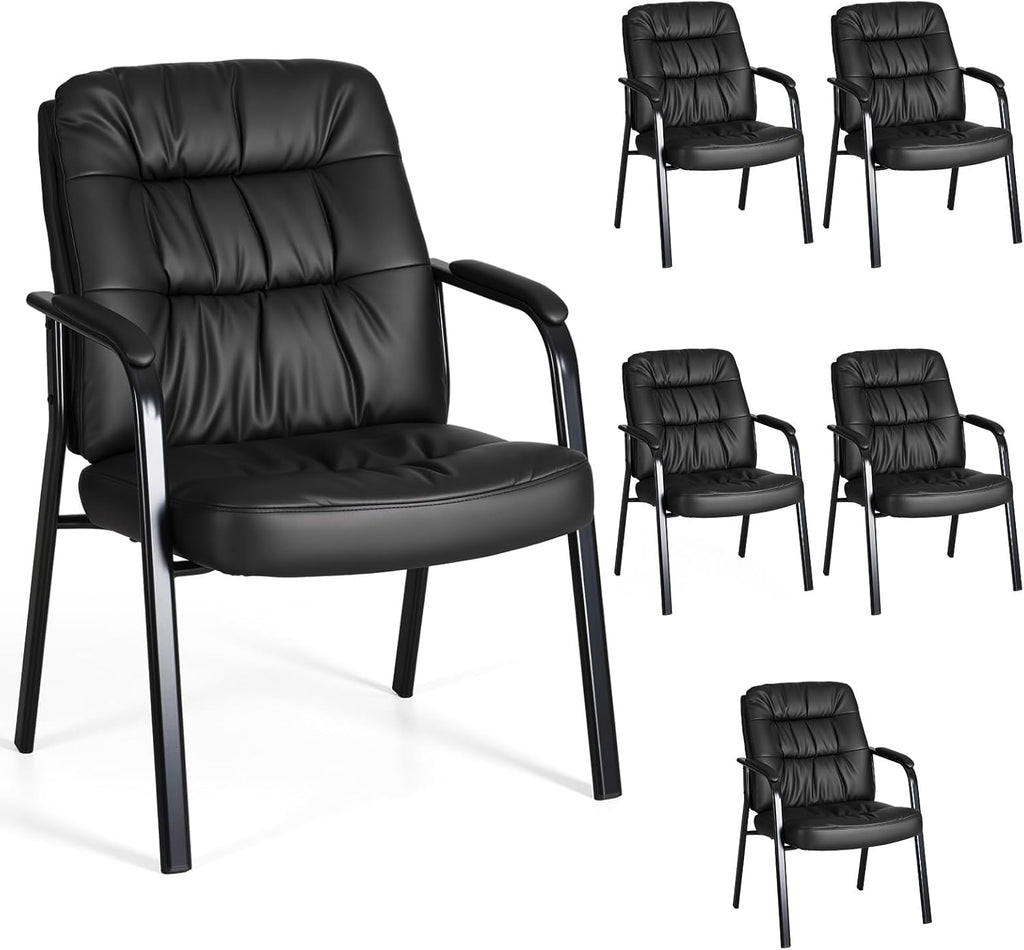 Waiting Room Guest Chair Set of 6, Leather Ergonomic Office Desk Reception Chair No Wheels with Padded Armrest for Conference Lobby Medical Waiting Area Bedroom, Black