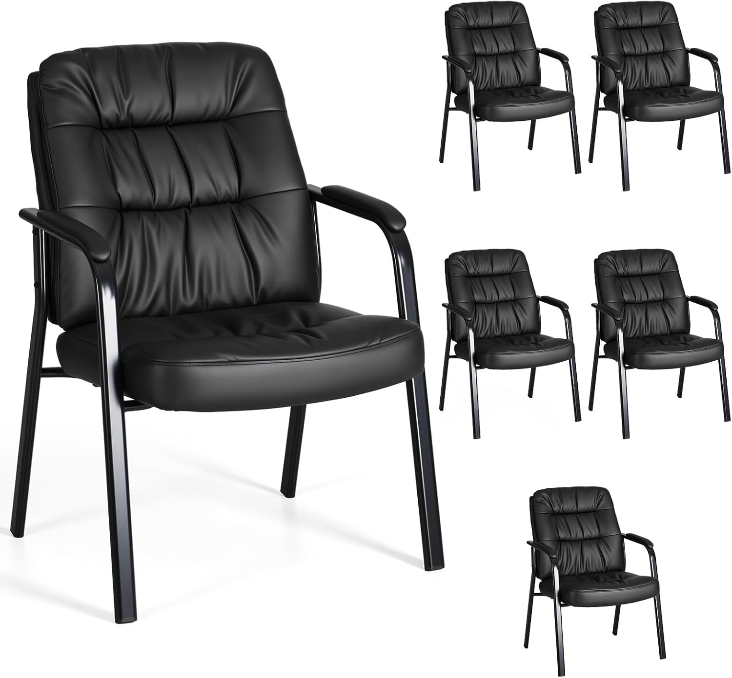 Waiting Room Guest Chair Set of 6, Leather Ergonomic Office Desk Reception Chair No Wheels with Padded Armrest for Conference Lobby Medical Waiting Area Bedroom, Black