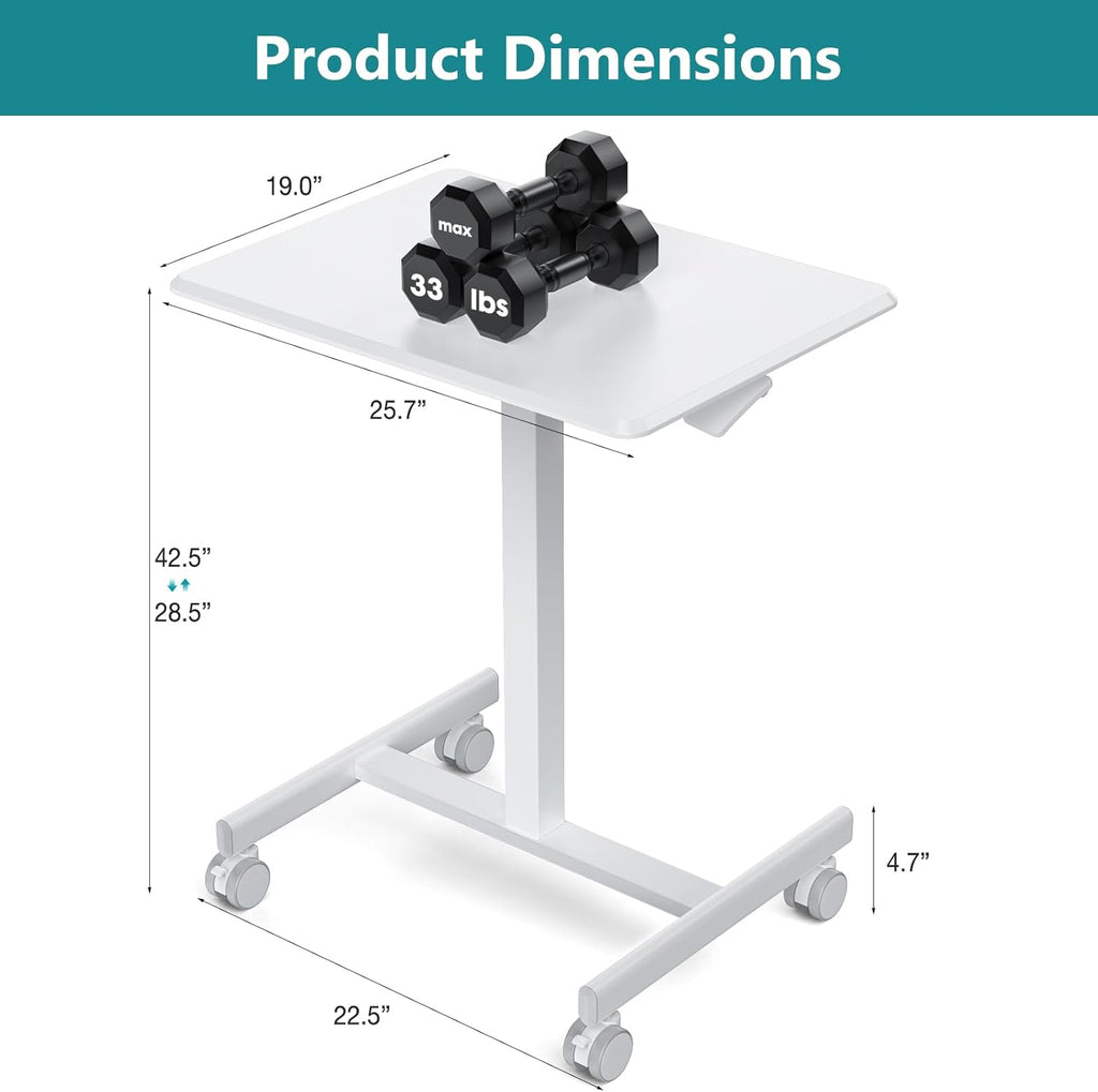 Small Standing Desk with Locking Wheels, Mobile Portable Rolling Laptop PC Table, Adjustable Height Computer Workstation for Home Office, 19 Inch, White