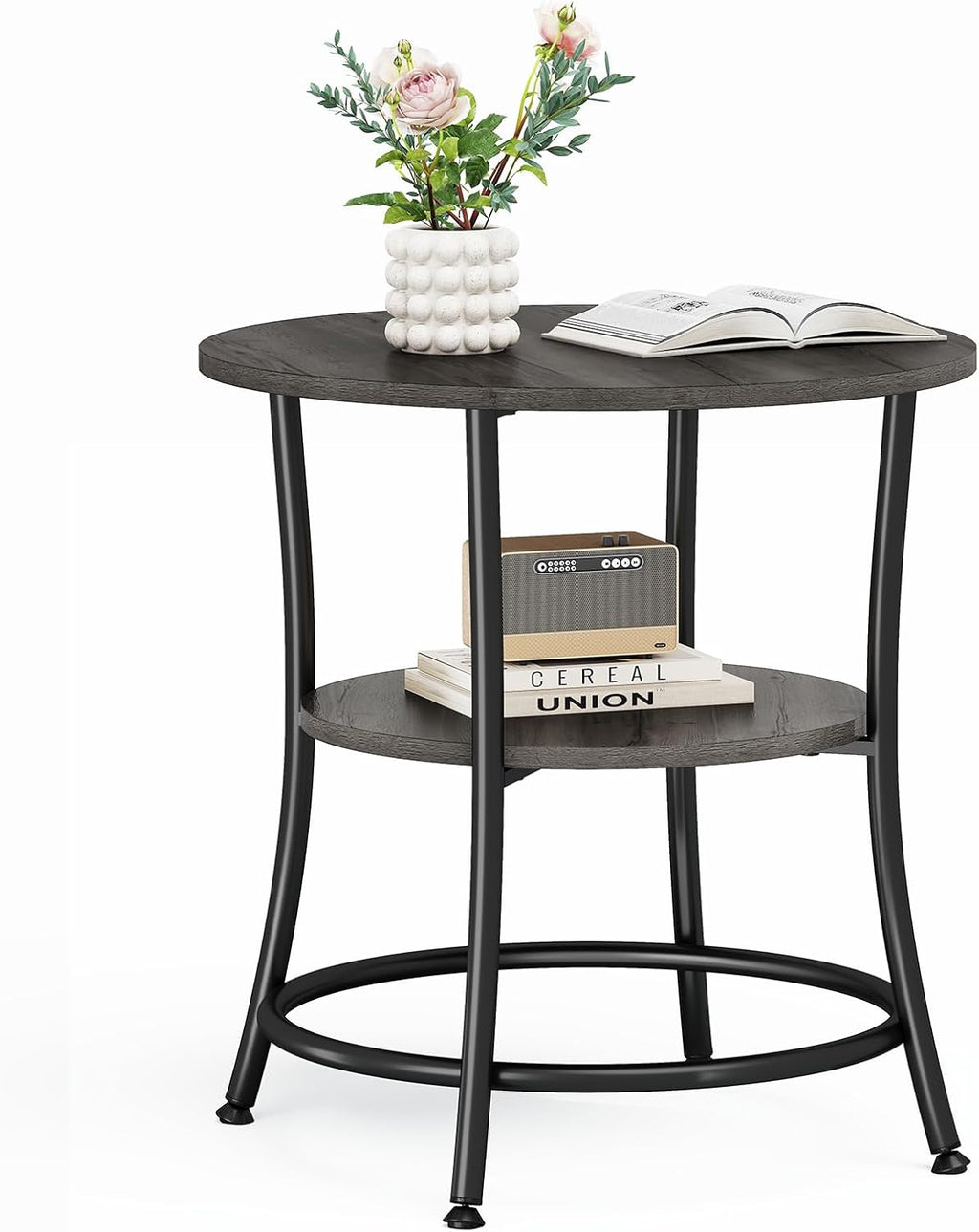 Side Round Table for Living Room, 2-Tier Accent End Table with Storage Shelf,Sturdy Metal Frame Nightstand for Small Space, Round Bedside, Grey Wood Grain