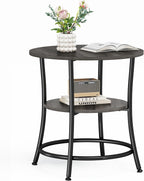 Side Round Table for Living Room, 2-Tier Accent End Table with Storage Shelf,Sturdy Metal Frame Nightstand for Small Space, Round Bedside, Grey Wood Grain