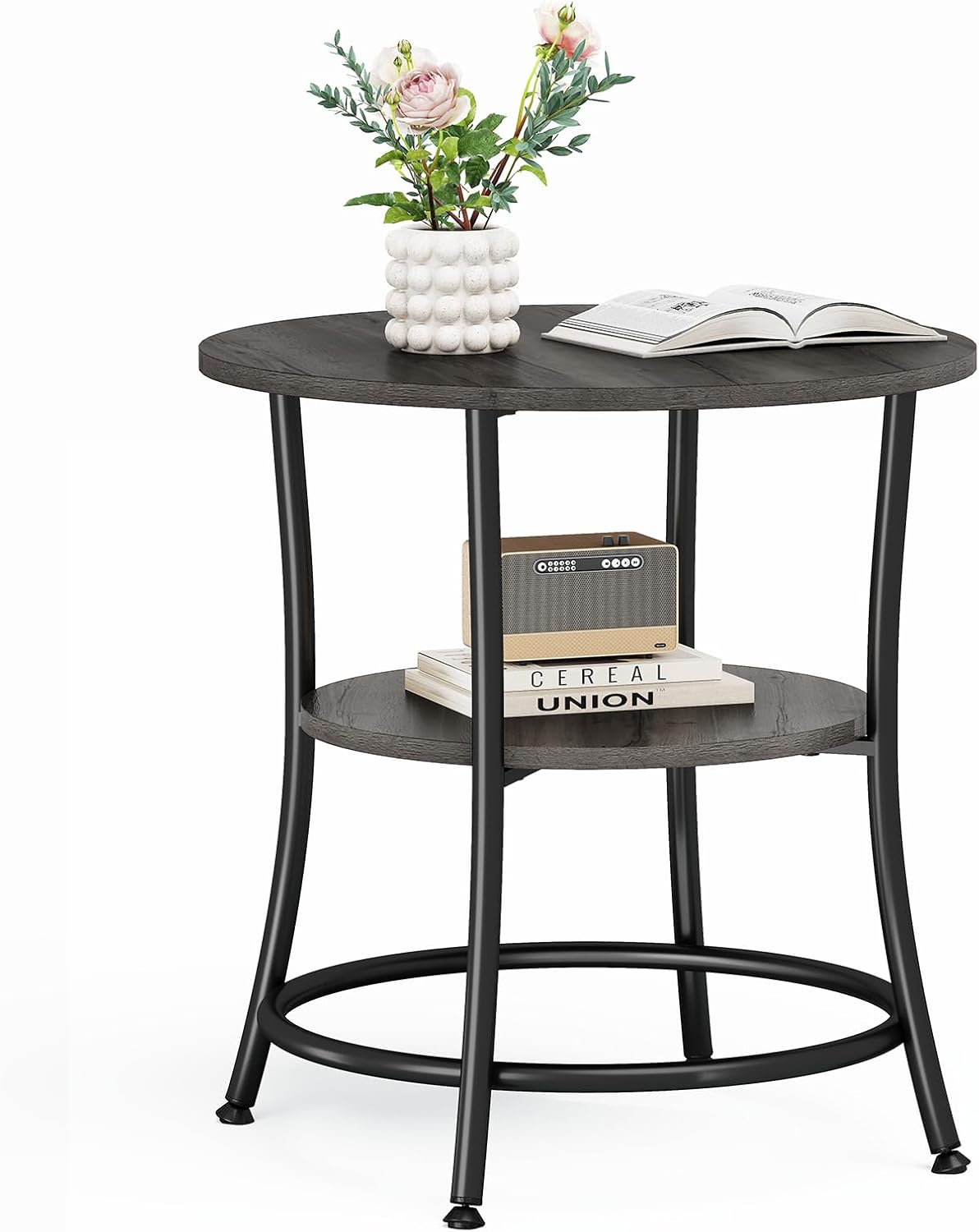 Side Round Table for Living Room, 2-Tier Accent End Table with Storage Shelf,Sturdy Metal Frame Nightstand for Small Space, Round Bedside, Grey Wood Grain