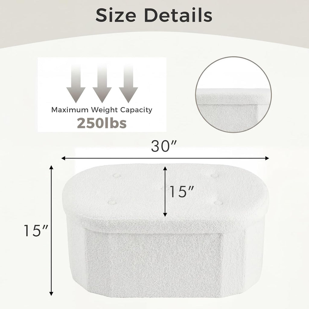 30 Inches Folding Storage Ottoman Bench, Oval Round Ottoman End of Bed Foot Rest Bench Stool with Cushion, Storage Chest for Bedroom, Living Room, Entryway, White