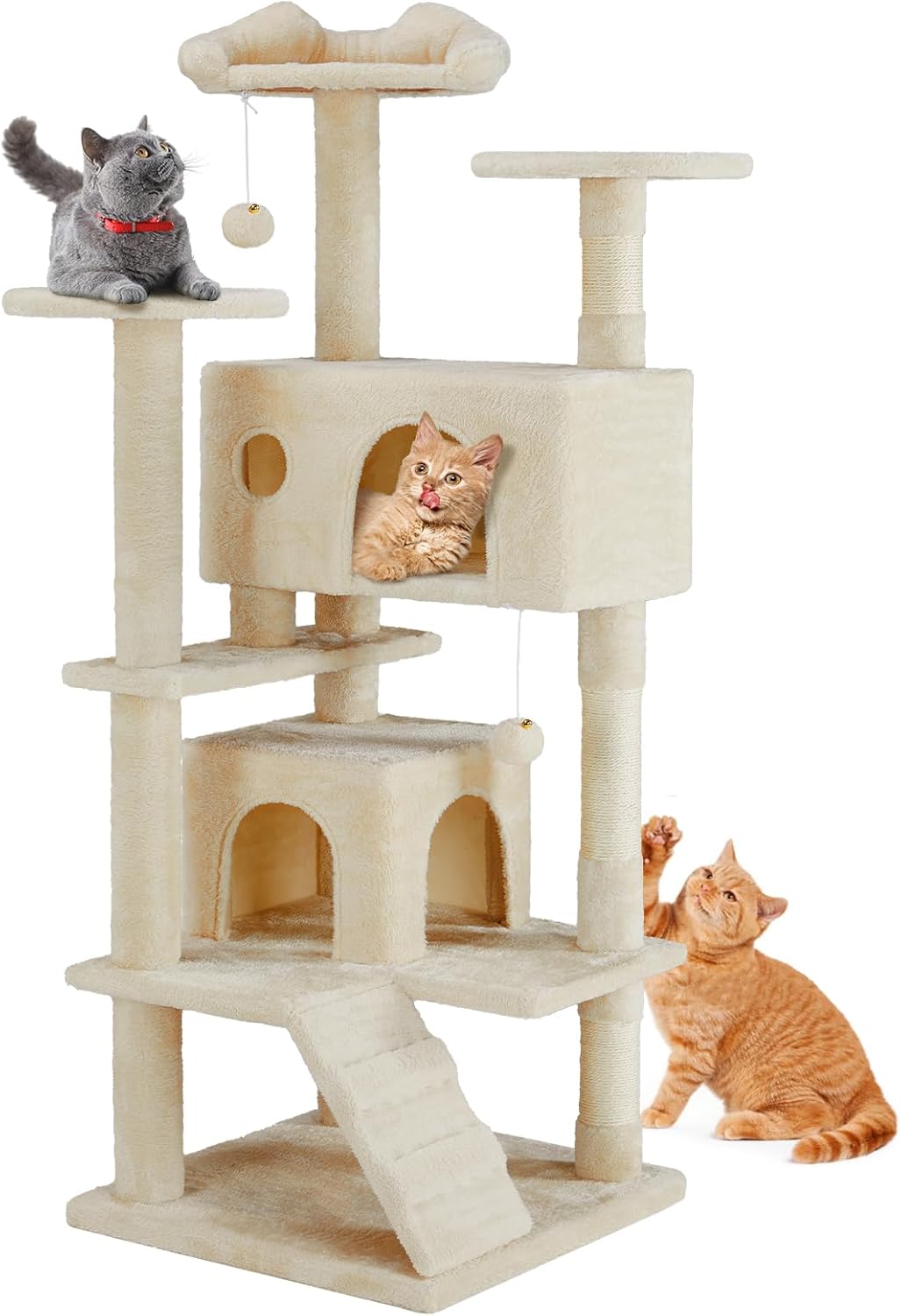 54-inch Indoor Cat Tree Tower ?CMulti-Level Pet House for Large Cats with 2 Condos, Scratching Posts, Round Platform, Small Ladder, and Toys, Beige