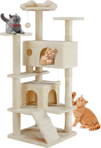 54-inch Indoor Cat Tree Tower ?CMulti-Level Pet House for Large Cats with 2 Condos, Scratching Posts, Round Platform, Small Ladder, and Toys ?C Perfect for Cats of All Ages, Dark Grey