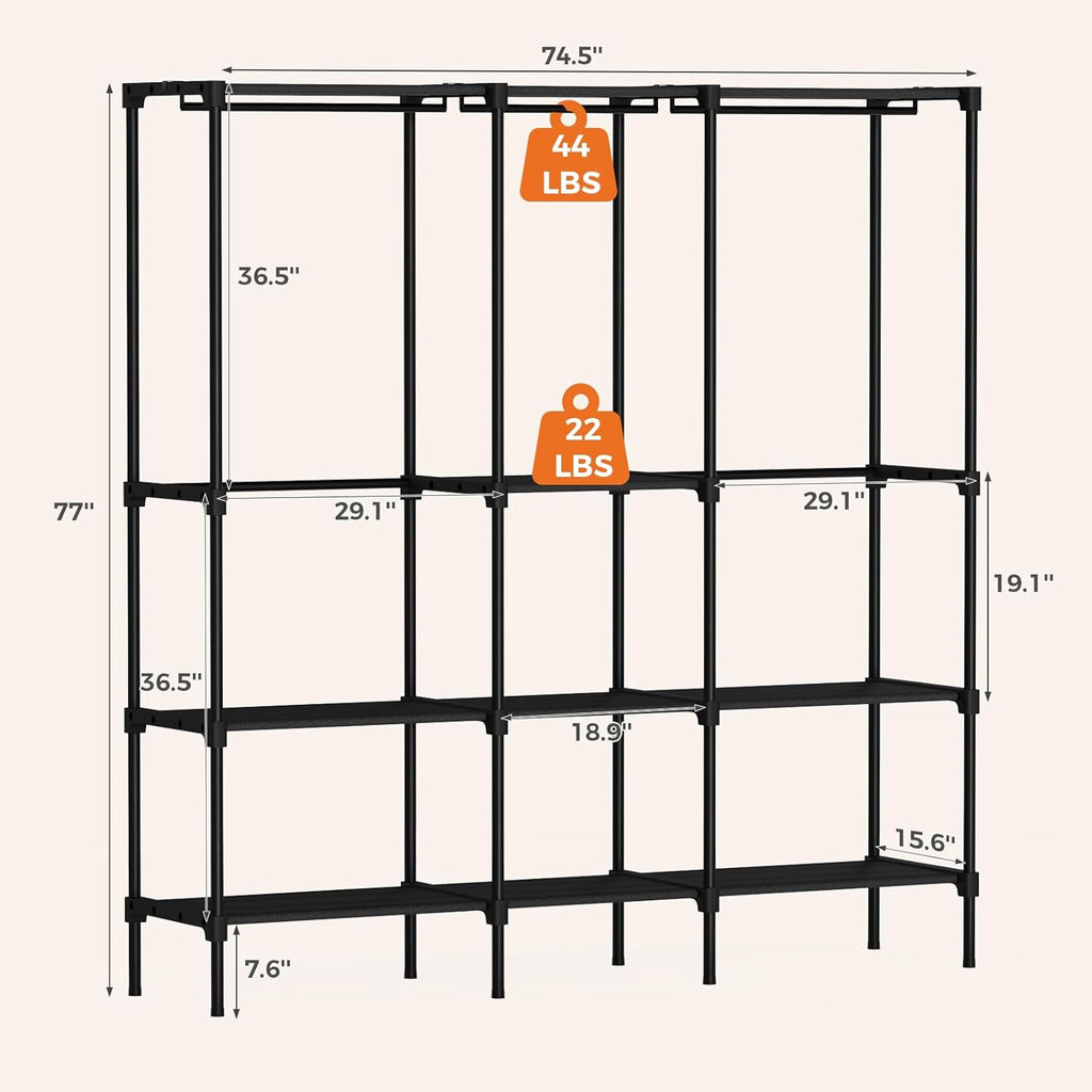 Portable Wardrobe Closet with Hanging Rods, 74.5 Inch Wide Portable Clothing Rack with Shelves, Heavy Duty Clothes Rack, Freestanding Closet Organizer
