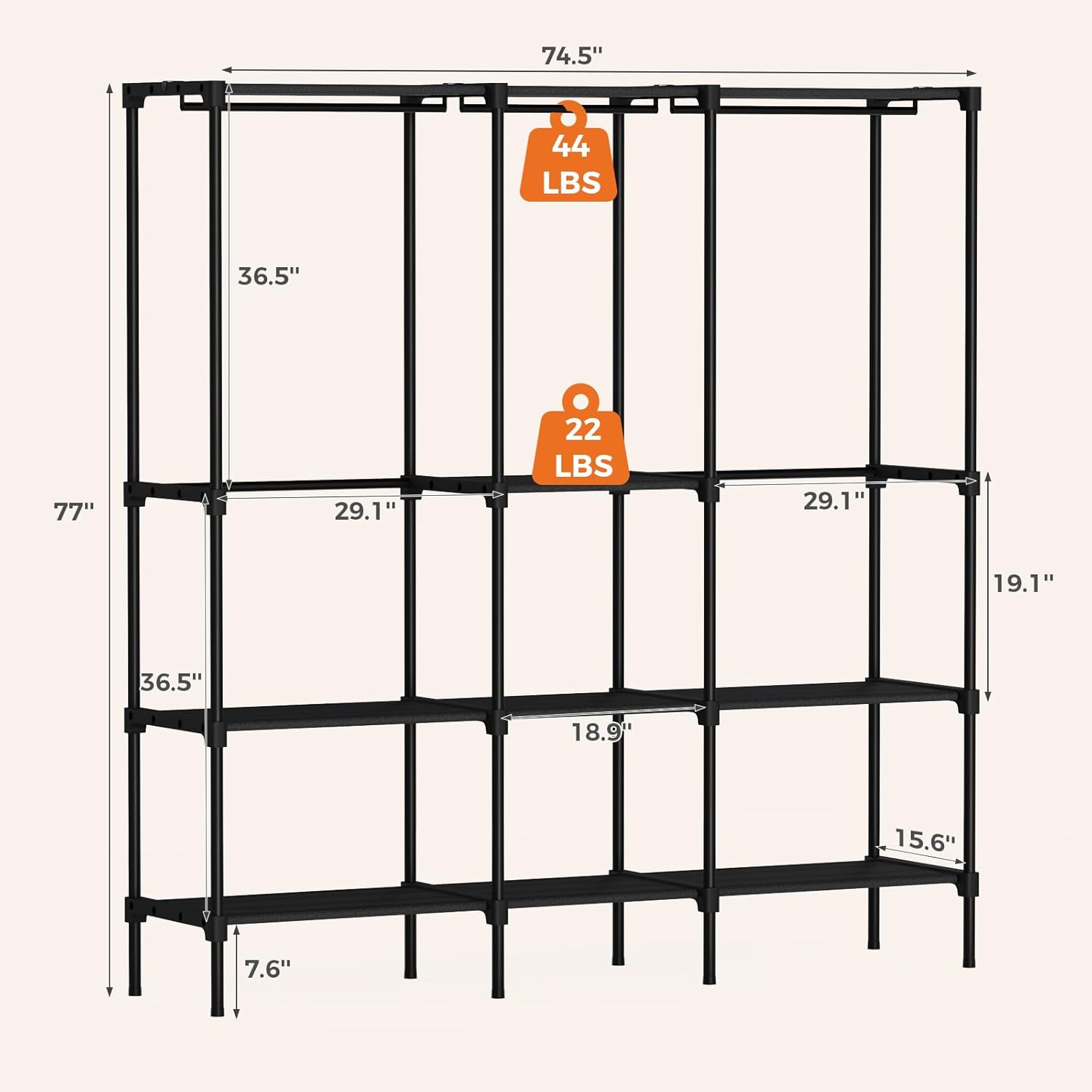 Portable Wardrobe Closet with Hanging Rods, 74.5 Inch Wide Portable Clothing Rack with Shelves, Heavy Duty Clothes Rack, Freestanding Closet Organizer