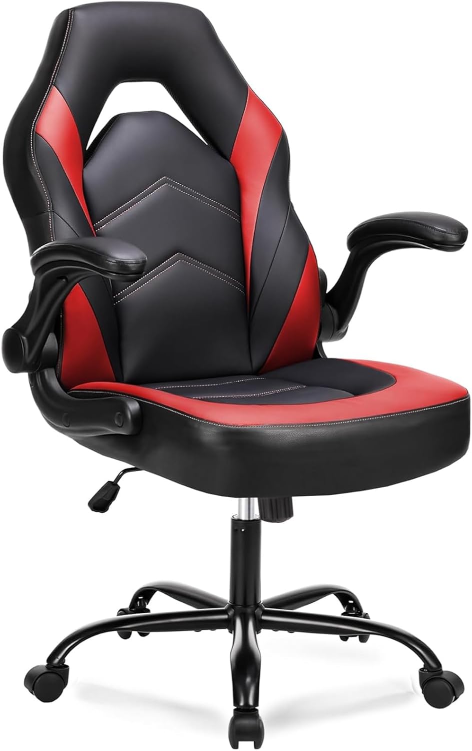 Ergonomic Computer Gaming Chair - Home Office Desk with PU Leather Lumbar Support, Height Adjustable Big and Tall Video Game with Flip-up Armrest, Swivel Wheels for Adults, White and Pink
