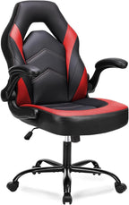 Ergonomic Computer Gaming Chair - Home Office Desk with PU Leather Lumbar Support, Height Adjustable Big and Tall Video Game with Flip-up Armrest, Swivel Wheels for Adults, Black