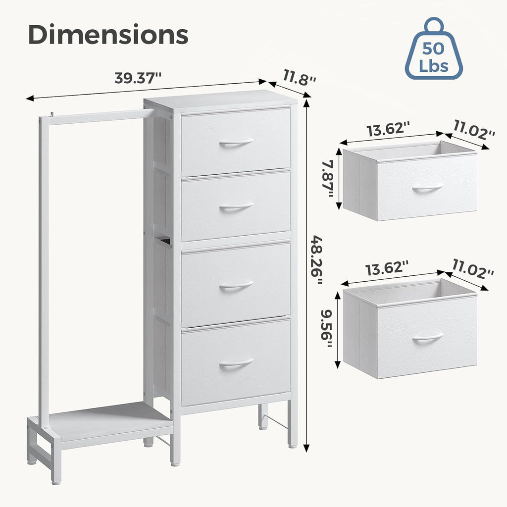 Dresser with Hanging Rack, 4-in-1 White Fabric Dresser for Bedroom, Closet Organizer with Clothes Rack, Shoe Rack & Hooks, Tall Storage Tower for Small Spaces, Apartment, Dorm, Entryway