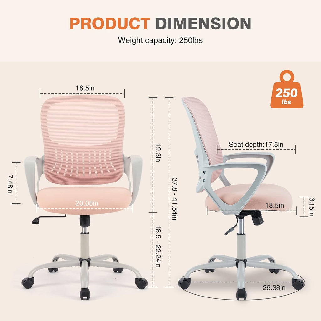 Ergonomic Mid-Back Mesh Home Office Desk Chair with Wheels, Lumbar Support, and Comfortable Armrests for Home, Bedroom, Study, Office