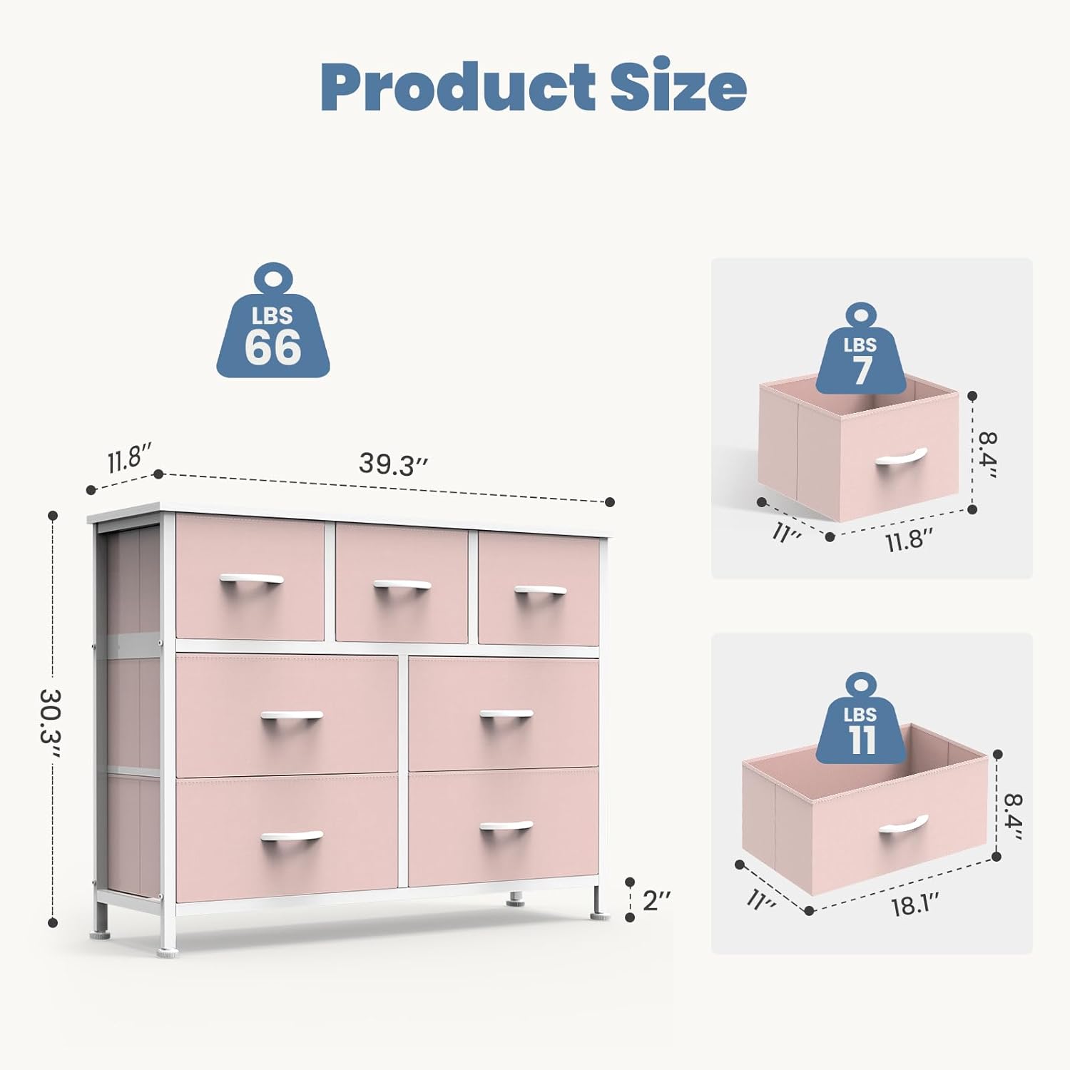 TV Stand Dresser with 7 Fabric Storage Drawers, Media Console Featuring Open Shelf for 45 inch TV, Compact Entertainment Unit for Bedroom, Living Space, or Dorm Organization, Pink