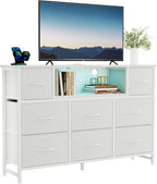 TV Stand Dresser with 8 Fabric Drawers and Open Shelves, LED Entertainment Center with Charging Station, Wood Top Media Console for 45-55 inch, Bedroom, Grey