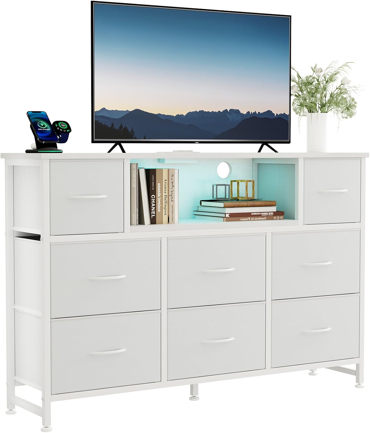 TV Stand Dresser with 8 Fabric Drawers and Open Shelves, LED Entertainment Center with Charging Station, Wood Top Media Console for 45-55 inch, Bedroom, Grey