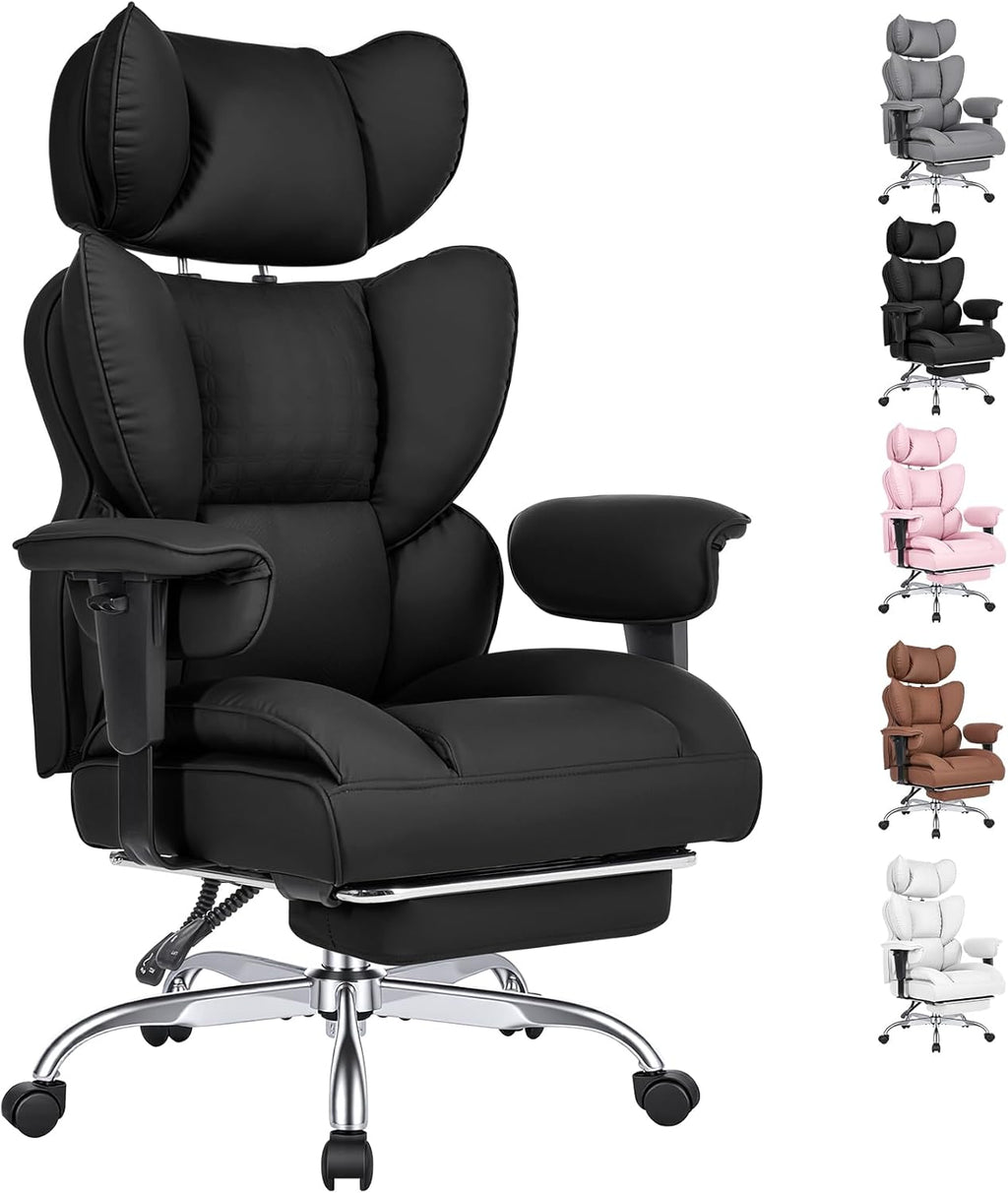 Big and Tall Office Chair 350 LBS, Scratch-Resistant PU Leather Executive Office Desk Chair with Footrest, Ergonomic Reclining Computer Chair with Pocket Spring Support for Home Office, Brown