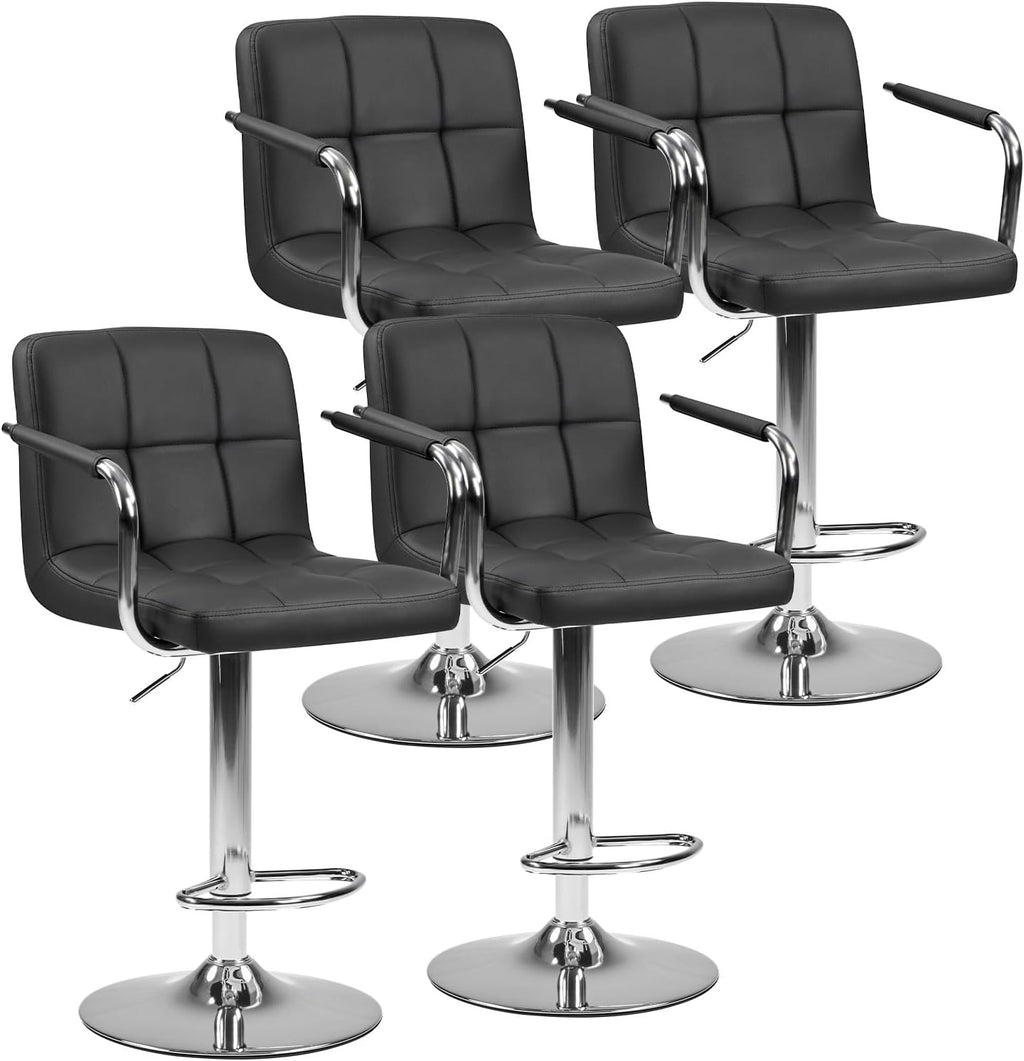 Bar Stools Set of 4, Adjustable Swivel Bar Chairs with Padded Armrests and Ergonomic Backrest for Kitchen Island Counter Pub Dining Room, Water-Resistant PU Leather, Black