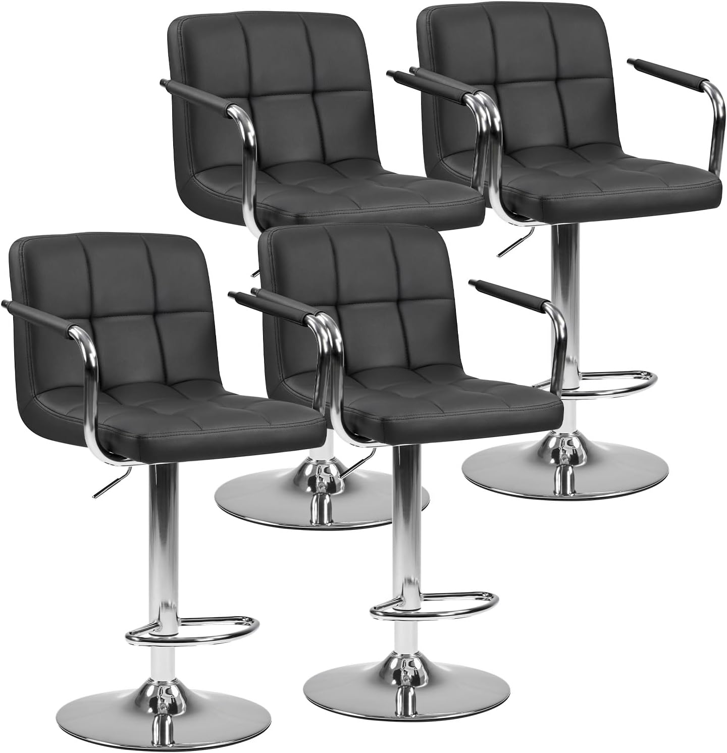 Bar Stools Set of 4, Adjustable Swivel Bar Chairs with Padded Armrests and Ergonomic Backrest for Kitchen Island Counter Pub Dining Room, Water-Resistant PU Leather, Black
