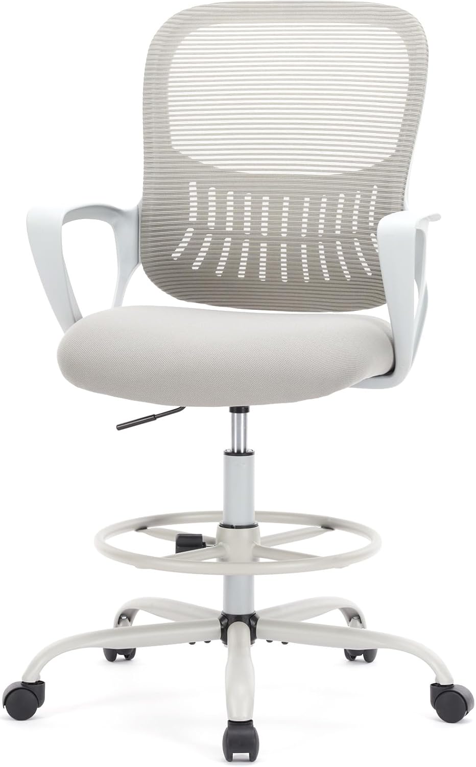 Drafting Chair - Counter Height Adjustable Tall Office Desk Chair with Fixed Armrests and Comfortable Lumbar Support for Standing Desk, Deep Black
