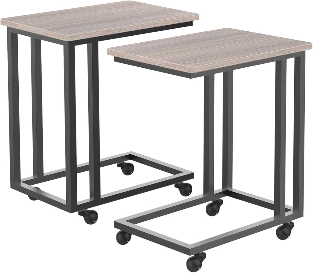 C Tables Counch That Slide Under Set of 2, Bed Side Table Tray Sofa Portable Rolling with Wheels Metal Frame, Wood Stand for Living Room Entryway Small Space Bedroom, Grey