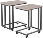 C Tables Counch That Slide Under Set of 2, Bed Side Table Tray Sofa Portable Rolling with Wheels Metal Frame, Wood Stand for Living Room Entryway Small Space Bedroom, Grey